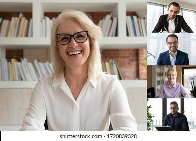 Lächelnde Geschäftsfrau mittleren Alters spricht über Videoanrufe mit verschiedenen Kollegen aus verschiedenen ethnischen Gruppen, glückliche weibliche Mitarbeiterin, die an Webcam-Konferenz oder Online-Briefing mit Mitarbeitern beteiligt ist