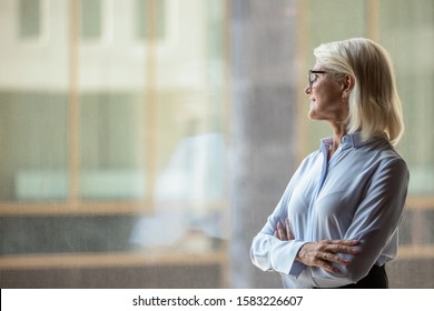 Smiling Middle-aged Female Boss Or Ceo Look In Distance Window Thinking Or Planning Future Success, Thoughtful Motivated Mature Businesswoman Pondering Over New Ideas, Business Vision Concept