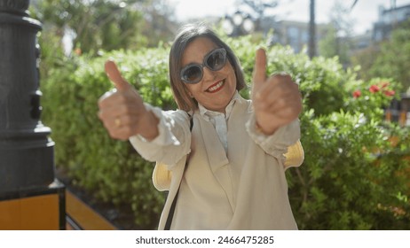 A smiling middle-aged woman gives thumbs up in a sunny urban park, portraying positivity and confidence. - Powered by Shutterstock