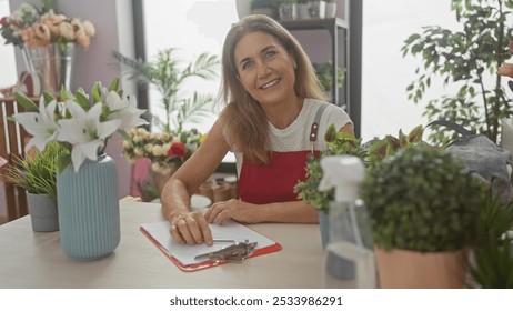 Smiling middle-aged woman in red apron surrounded by flowers indoors at a florist shop, writing on clipboard - Powered by Shutterstock