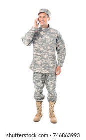 Smiling Military Man In Talking By Phone Isolated On White