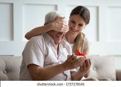 Smiling millennial girl close cover mature father eyes make birthday surprise congratulate at home, loving grownup adult daughter greeting beloved happy senior dad, give wrapped gift box present - Shutterstock ID 1727178145