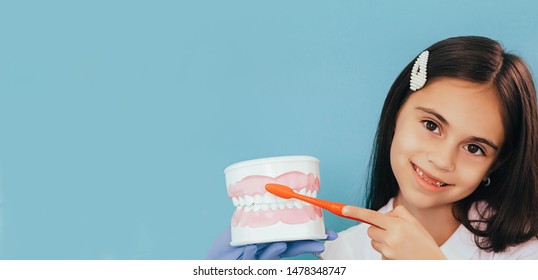 Smiling Mixed Race Girl Holding Toothbrush And Human Teeth Model. Child Showing Right Way Brushing Teeth On Blue Background