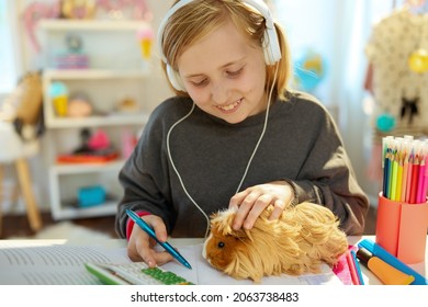 smiling modern girl with headphones and guinea pig learning online at home in sunny day.