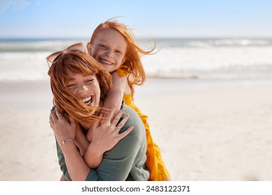 Smiling mother and beautiful daughter having fun at the beach. Portrait of happy woman giving a piggyback ride to cute little girl with copy space. Portrait of happy red hair kid embracing her mom. - Powered by Shutterstock