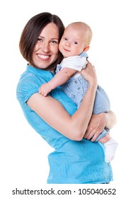 Smiling Mother Holding Her Baby. Isolated On White Background