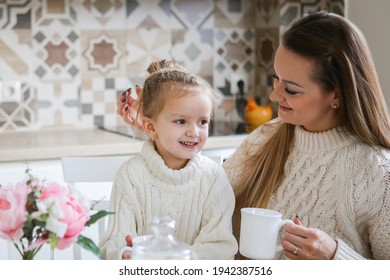 Smiling Mother Takes Selfie With Cute Daughter On Tablet, Happy Young Mom Laughing Makes Photo With Daughter At Home, Single Mom And Adopted Children Playing Fun With Phone