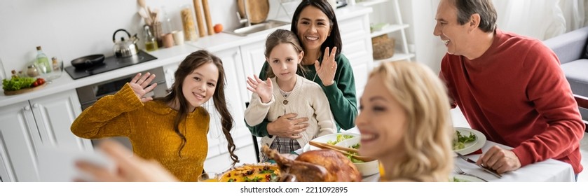 Smiling Multicultural Family Taking Selfie During Thanksgiving At Home, Banner