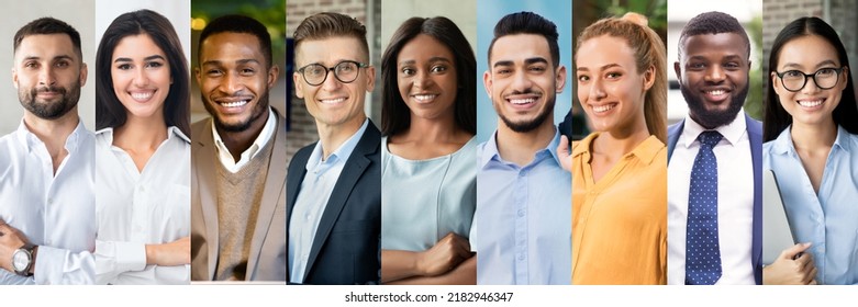 Smiling multiethnic faces looking at camera, collection of international business people cheerful young men and women posing indoors and outdoors, collage for business integration concept