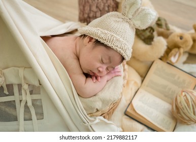 Smiling Newborn Baby With Mohawk Hair Sleeping