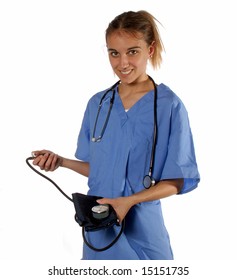 Smiling Nurse Ready To Take Someone's Vital Heart Statistics.