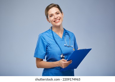 Smiling Nurse Woman Holding Clipboard. Isolated Portrait.