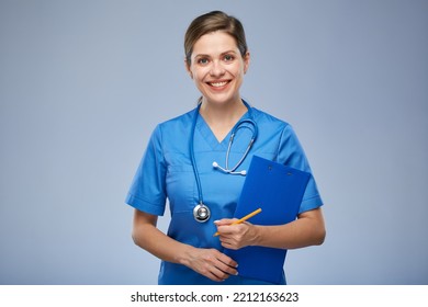 Smiling Nurse Woman Holding Clipboard. Isolated Portrait.