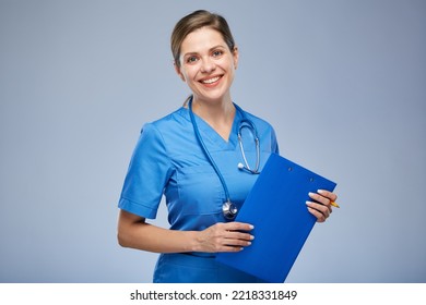 Smiling Nurse Woman Holding Clipboard. Isolated Portrait.