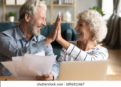 Smiling old hoary man giving high five to mature wife, finishing calculating domestic expenses, managing family savings or budget, happy retired couple feeling excited of having enough money.