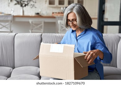 Smiling Older Adult Mature Woman Customer Unpacking Parcel Concept Sitting At Home On Couch. Happy Senior Middle Aged Lady Opening Online Store Order Receiving Gift In Postal Delivery Shipping Box.