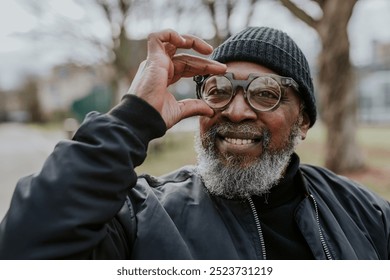 Smiling older man with glasses and a beard. The man is wearing a beanie and a jacket. The older man is outdoors, enjoying the day. Black old man adjust his glasses outdoor. - Powered by Shutterstock