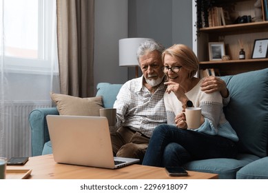 Smiling older wife and husband hugging, using laptop, sitting on cozy couch, watching movie or shopping online, looking at screen, mature man and woman spending leisure time together at home - Powered by Shutterstock