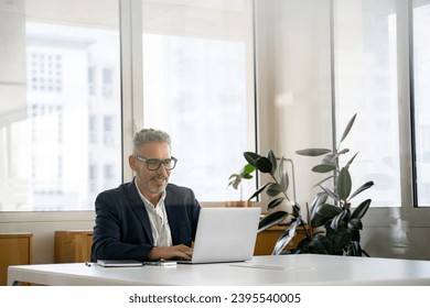 Smiling optimistic mature gray-haired businessman ceo wearing eyeglasses using laptop, responding emails, conducting negotiations online, solving business tasks, planning business strategy - Shutterstock ID 2395540005