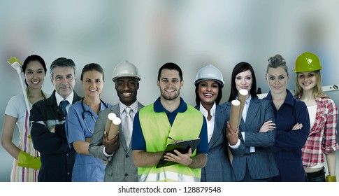 Smiling People With Different Jobs Standing In Line