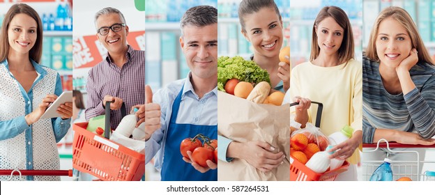 Smiling people at the store, customers doing grocery shopping and supermarket clerks, picture collage - Powered by Shutterstock