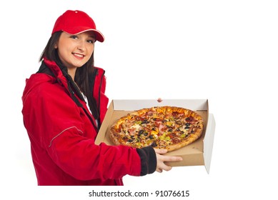 Smiling Pizza Delivery Woman In Red Cap And Coat Holding Pizza Isolated On White Background