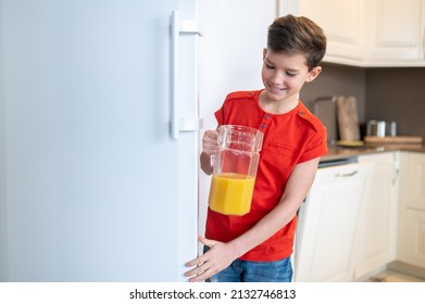 Smiling Pleased Boy Closing The Fridge Door