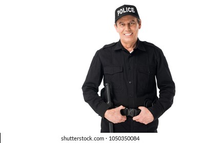 Smiling Policeman In Uniform And Cap Isolated On White