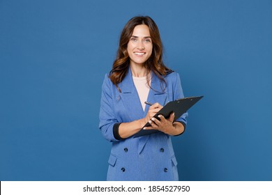 Smiling Pretty Beautiful Attractive Young Brunette Woman 20s Wearing Basic Jacket Hold Clipboard With Papers Document Writing Looking Camera Isolated On Bright Blue Colour Background Studio Portrait