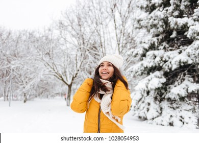 Smiling pretty lady in warm clothes looking up at sky while walking in park in winter Foto Stok
