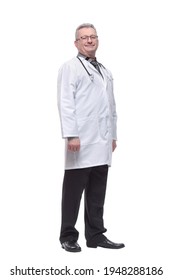 Smiling Professional Older Man Doctor Wears White Coat, Glasses And Stethoscope