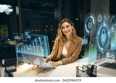 Smiling Professional Woman Using Futuristic Holographic Technology Interface At Night Office