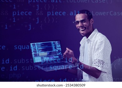 Smiling Programmer Analyzing Code on Computer Screen - Powered by Shutterstock