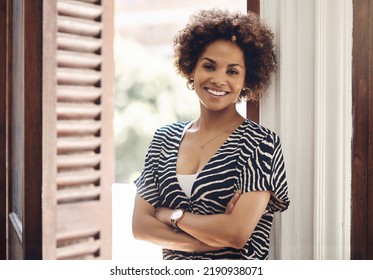 Smiling Real Estate Agent Looking Motivated, Ambitious And Confident With Arms Crossed In New Listing, Rental Or Property. Portrait Of Woman Ready To Sell New House, Negotiate A Loan Or