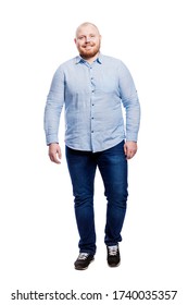 Smiling Red-haired Fat Man With A Beard. Body Positive. Full Height. Isolated On A White Background. Vertical. 