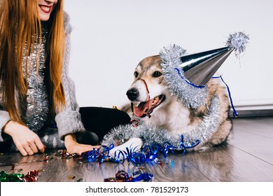 Smiling Red-haired Girl Celebrating The New Year With Her Big Dog