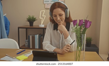 Smiling redhead woman with headphones enjoying music in a cozy home office setting - Powered by Shutterstock