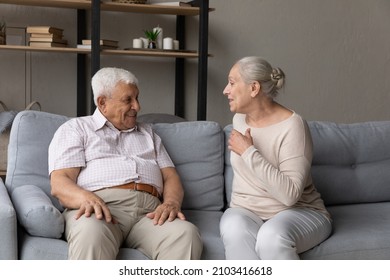 Smiling relaxed mature 80s hoary man involved in pleasant conversation with joyful elderly wife, discussing life news. Cheerful loving laughing old senior family couple talking sitting on sofa at home