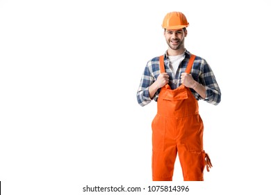 Smiling Repairman In Orange Overall And Hard Hat Isolated On White