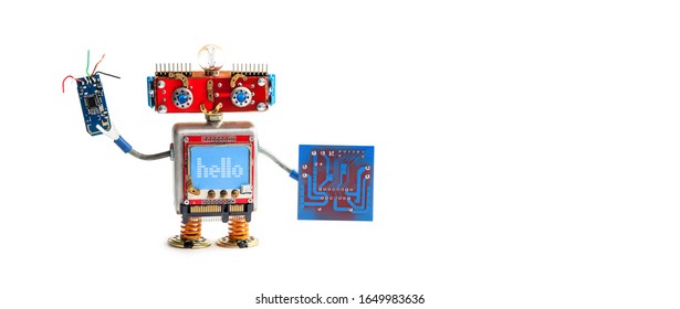 Smiling robot handyman with electronic circuit boards for repairs. Concept service maintenance replacement of electronic components using automated robotic technology. White background, copy space