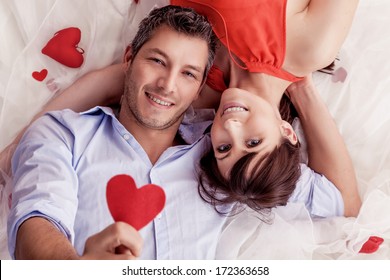 Smiling Rose Bed Lying Lovers