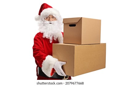 Smiling Santa Claus Carrying Cardboard Boxes Isolated On White Background