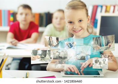 Smiling School Girl in the Classroom Using Tablet