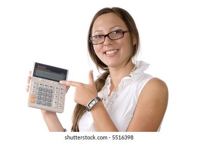 Smiling secretary in white blouse and glasses is showing numbers in the calculator