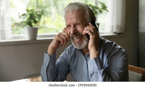 Smiling Senior Caucasian Man Laugh Have Pleasant Cellphone Chat On Gadget At Home. Happy Old Male Have Fun Talk Speak On Smartphone Device, Use Good Secure Provider Connection. Technology Concept.