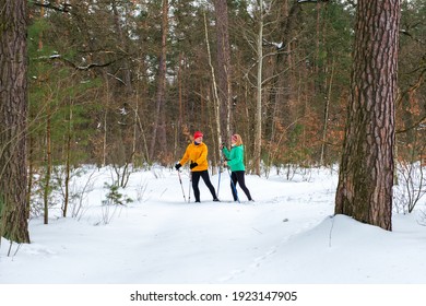 Smiling Senior Couple Walking With Nordic Walking Poles In Snowy Winter Forest. Profile View. Active Lifestyle After Retirement Concept.