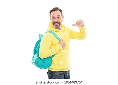 Smiling Senior Guy Back To School Isolated On White. Caucasian Man In Yellow Hoody With School Bag. Education For Adult. Male Casual Style. Thumb Up. Mature Happy Man With Beard Carry Backpack.