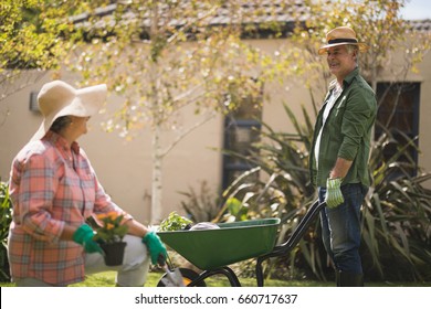 Smiling Senior Man Looking At Woman While Holding Wheel Barrow At Yard