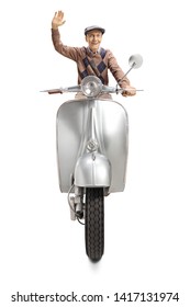 Smiling Senior Man Riding A Vintage Scooter And Waving Isolated On White Background