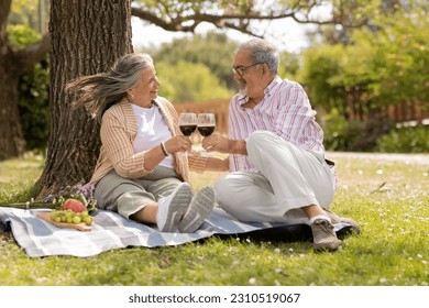 Smiling senior man and woman in casual on plaid, cheers with glasses of wine, enjoy picnic together in park outdoor. Love, romantic relationship, date at free time, weekend, pension and holiday - Shutterstock ID 2310519067